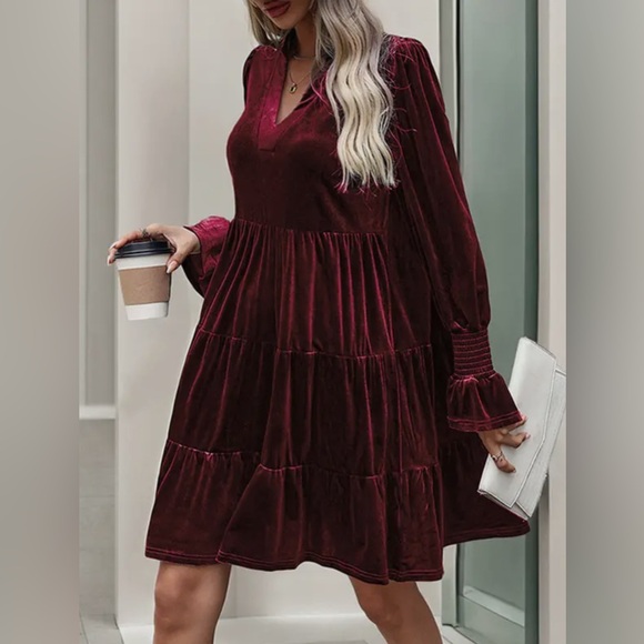 NWT Velvet Tiered Midi Dress, Burgundy, Long Sleeve V-Neck Swing Dress - Picture 3 of 5